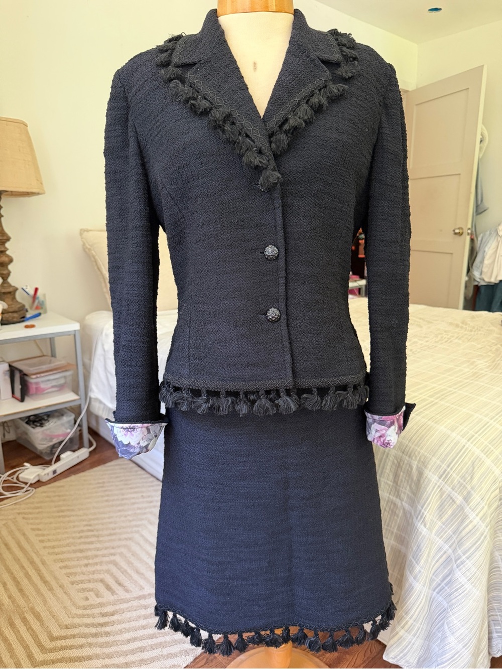St.John Couture Black tassel suit. Like new. Jacket: 14, Skirt: 16